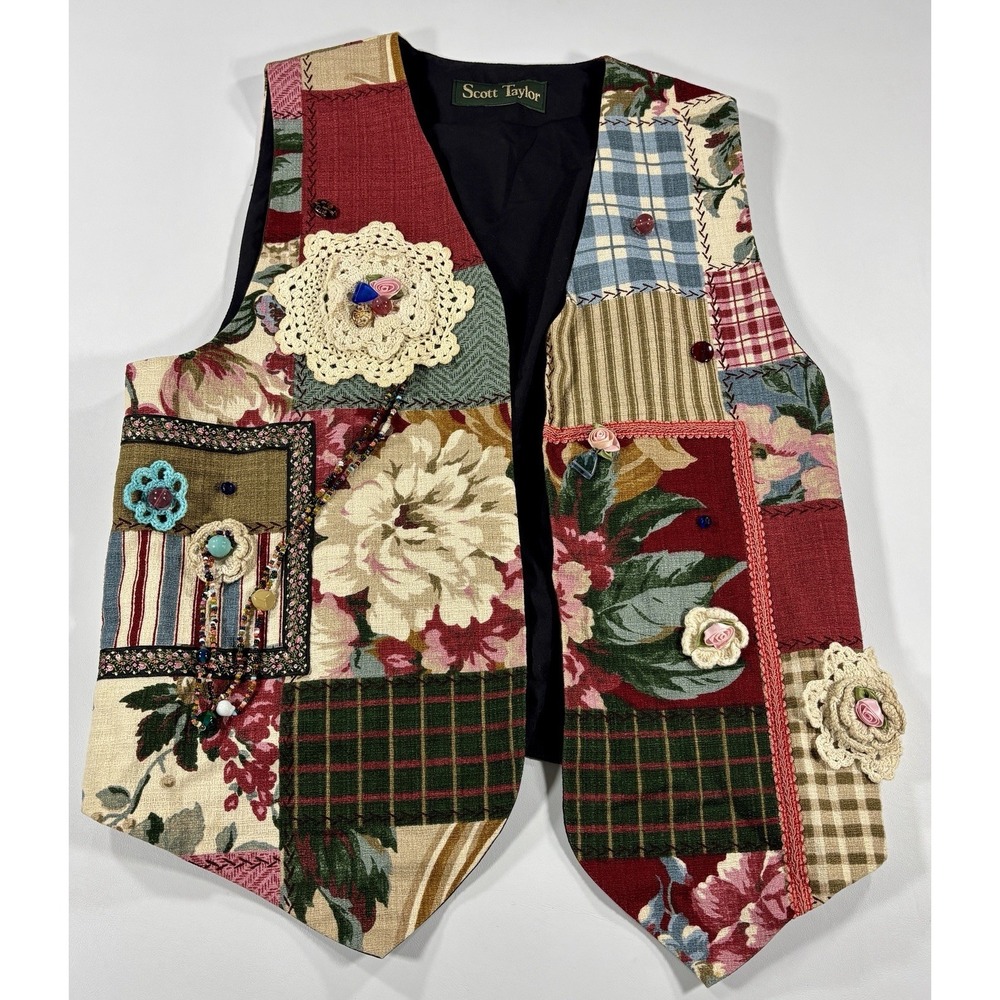 SCOTT TAYLOR 1990s Vintage Vest Patchwork Art To Wear Tapestry Large Mixed Media
